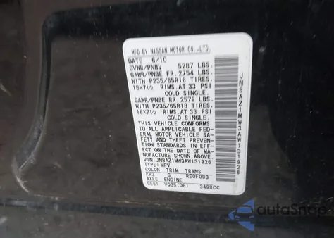 2010 Nissan Murano Sl из США, поврежденный, VIN JN8AZ1MW3AW131926